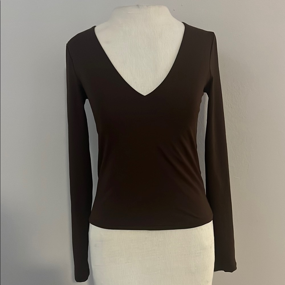 Old Navy Fitted Brown V Neck Top with Long Sleeves